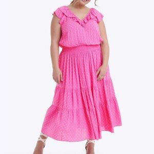 Draper James Maxi Dress Size XL Pink Polka Dot Tiered Ruffle Pockets Smock Waist